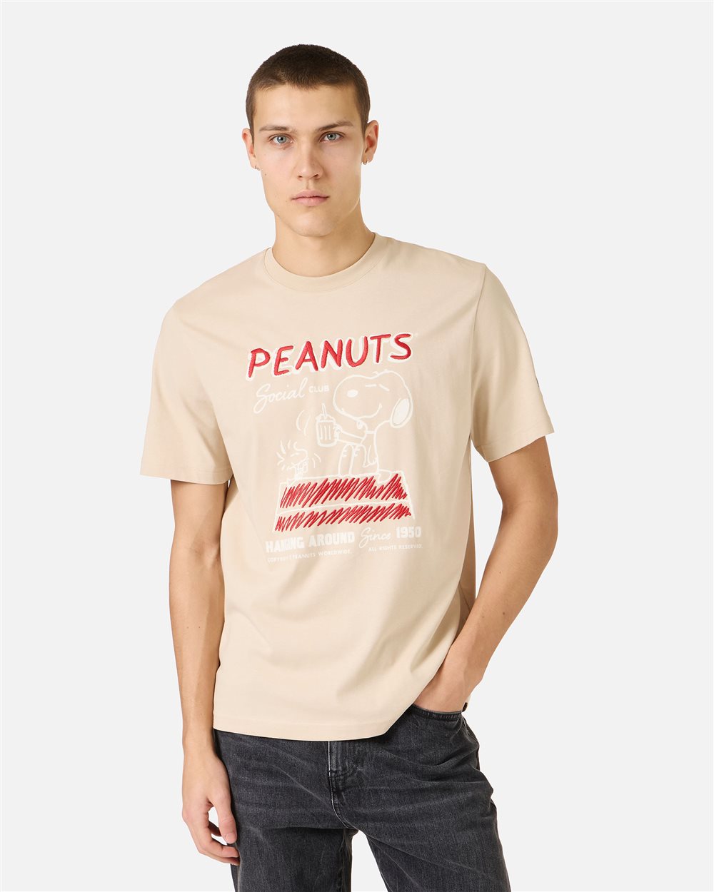Iceberg Regular fit beige cotton jersey T-shirt with Snoopy design