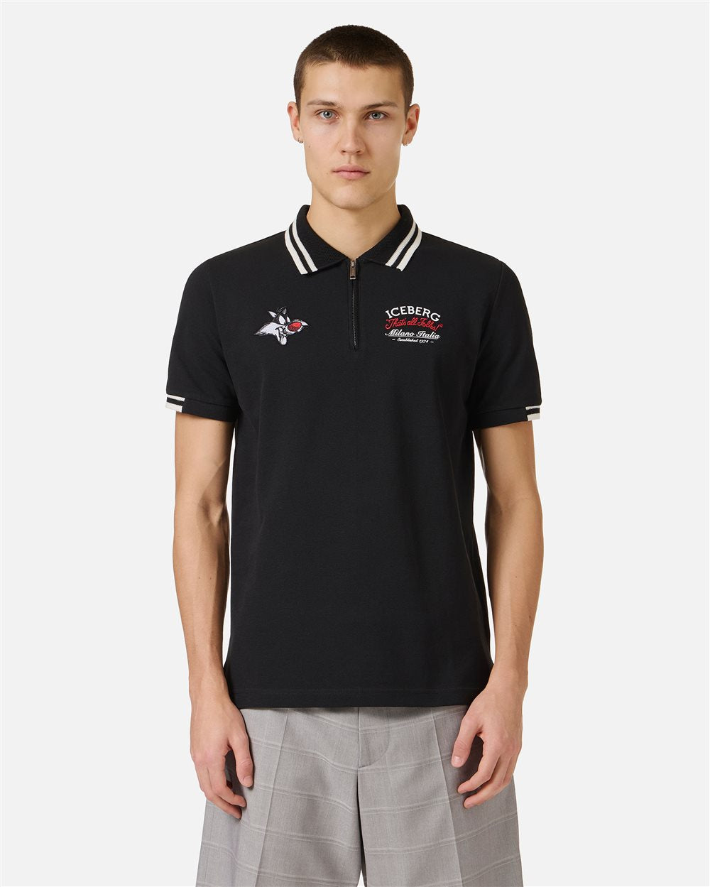 Iceberg Regular fit black short-sleeved polo shirt in cotton piquet with Sylvester