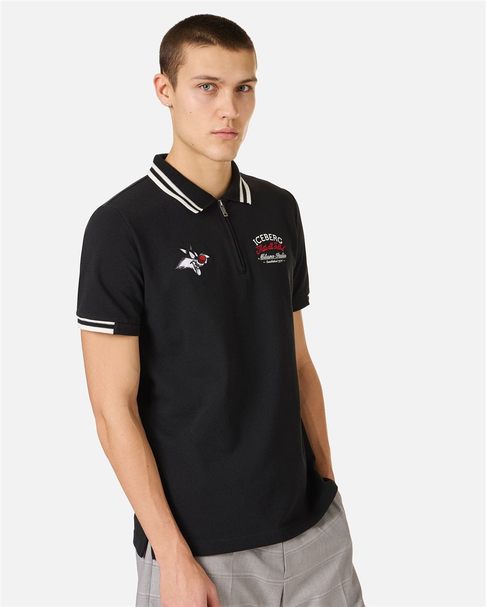 Iceberg Regular fit black short-sleeved polo shirt in cotton piquet with Sylvester