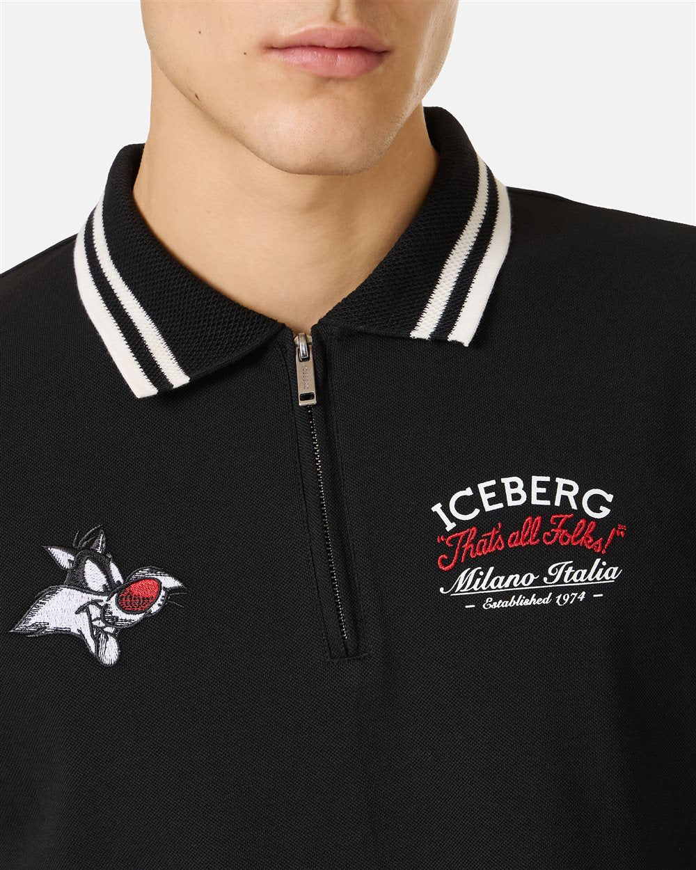 Iceberg Regular fit black short-sleeved polo shirt in cotton piquet with Sylvester