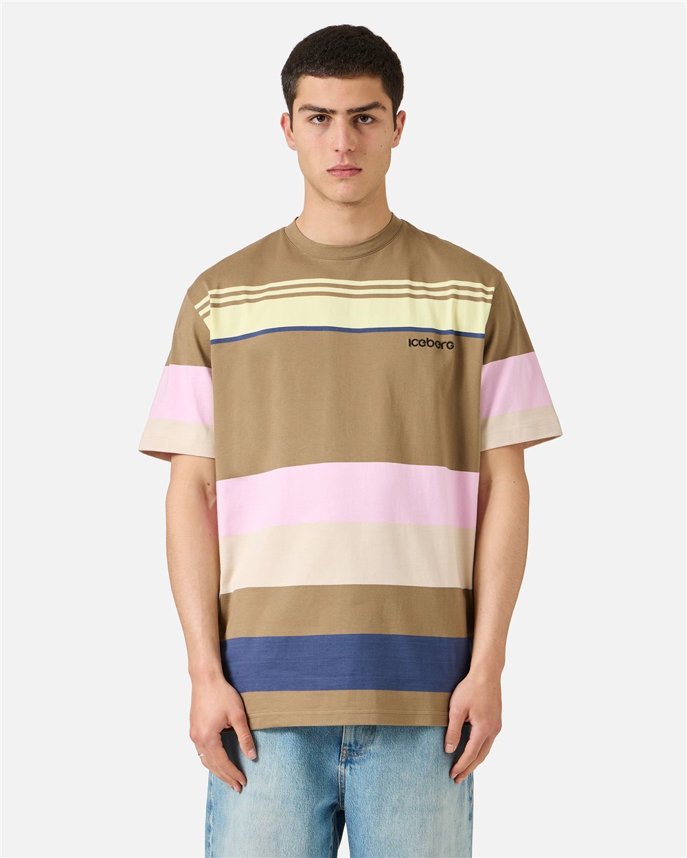 Iceberg Relaxed fit multicolor T-shirt with a green background in cotton jersey, featuring embroidered logo