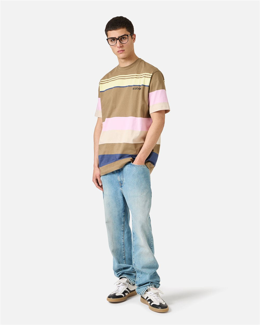 Iceberg Relaxed fit multicolor T-shirt with a green background in cotton jersey, featuring embroidered logo
