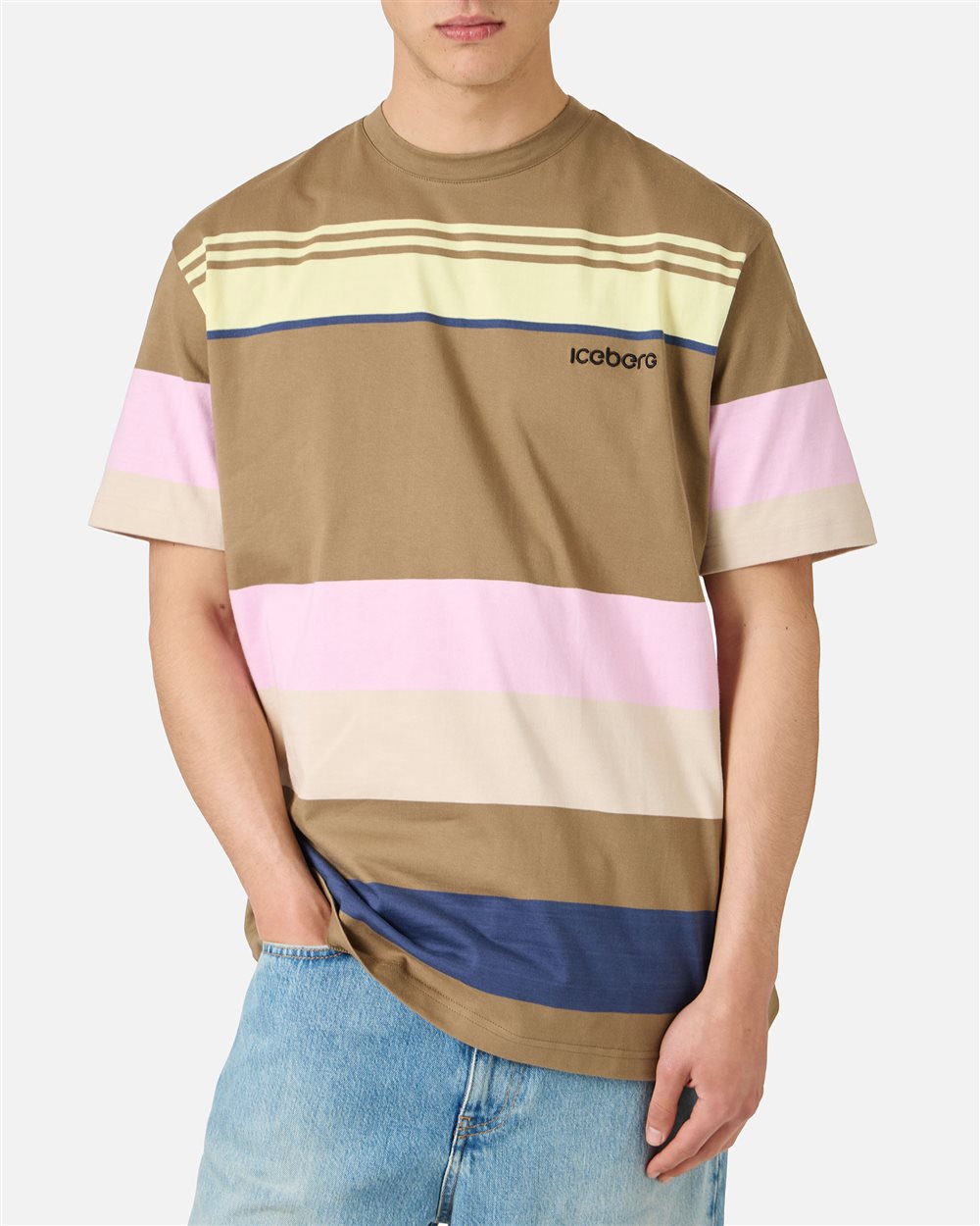 Iceberg Relaxed fit multicolor T-shirt with a green background in cotton jersey, featuring embroidered logo