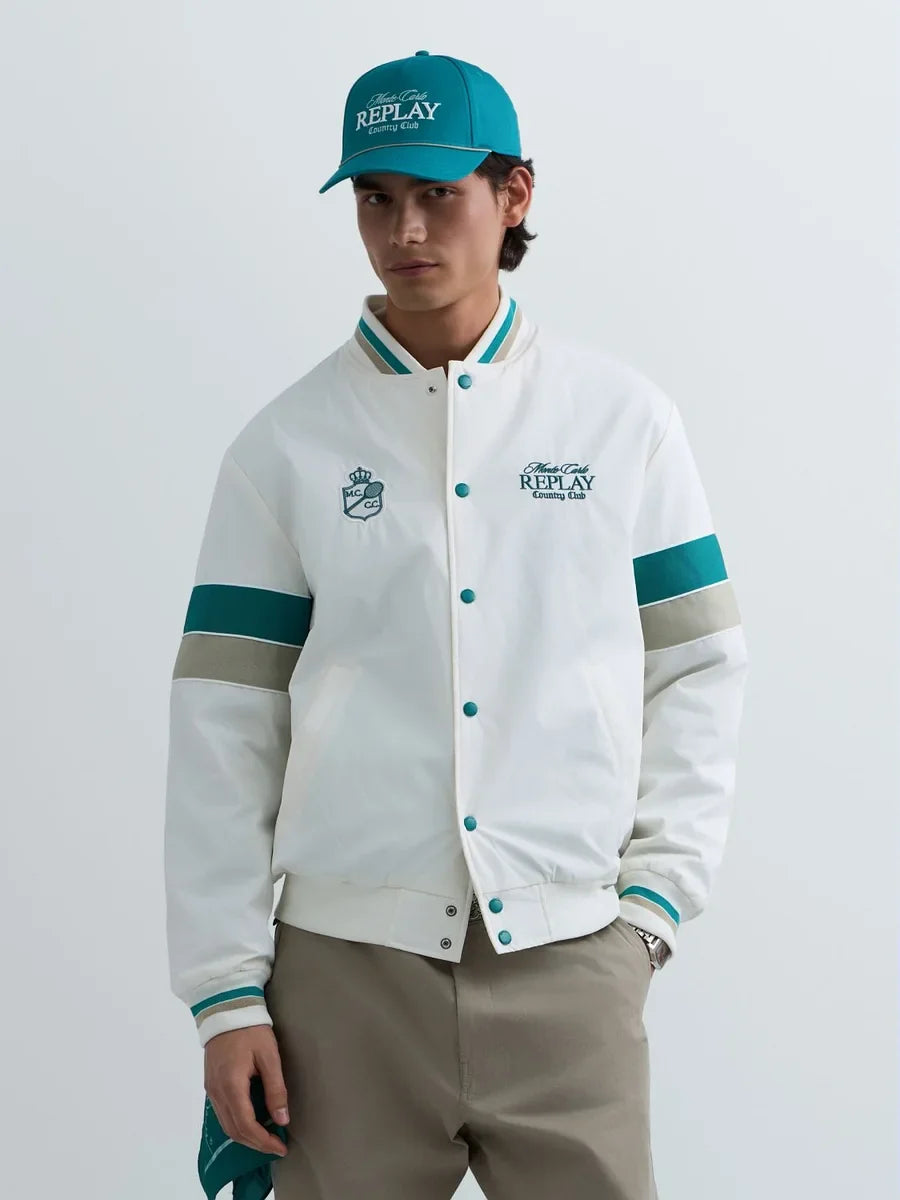 REPLAY MEN'S MONTE CARLO COUNTRY CLUB COLLECTION BOMBER JACKET WITH CONTRASTING BANDS