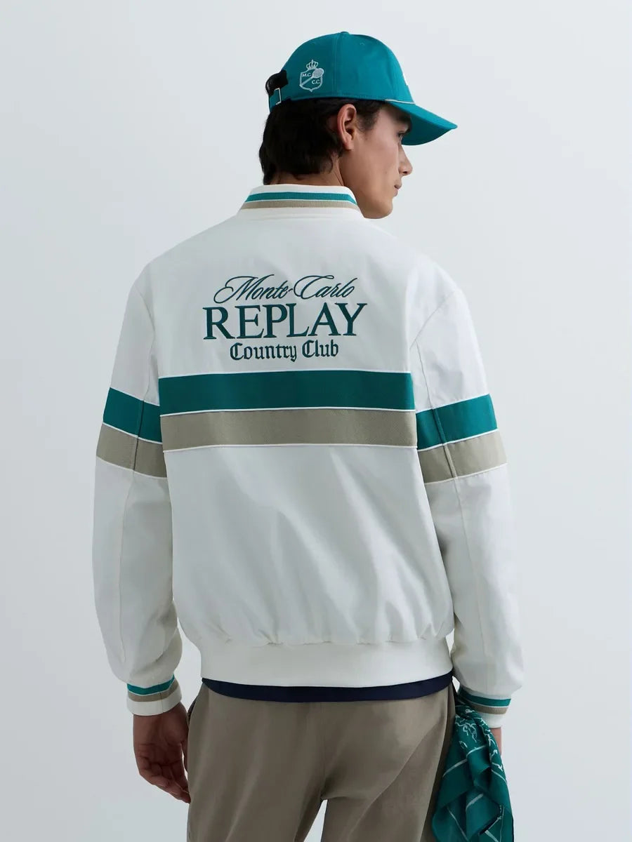 REPLAY MEN'S MONTE CARLO COUNTRY CLUB COLLECTION BOMBER JACKET WITH CONTRASTING BANDS