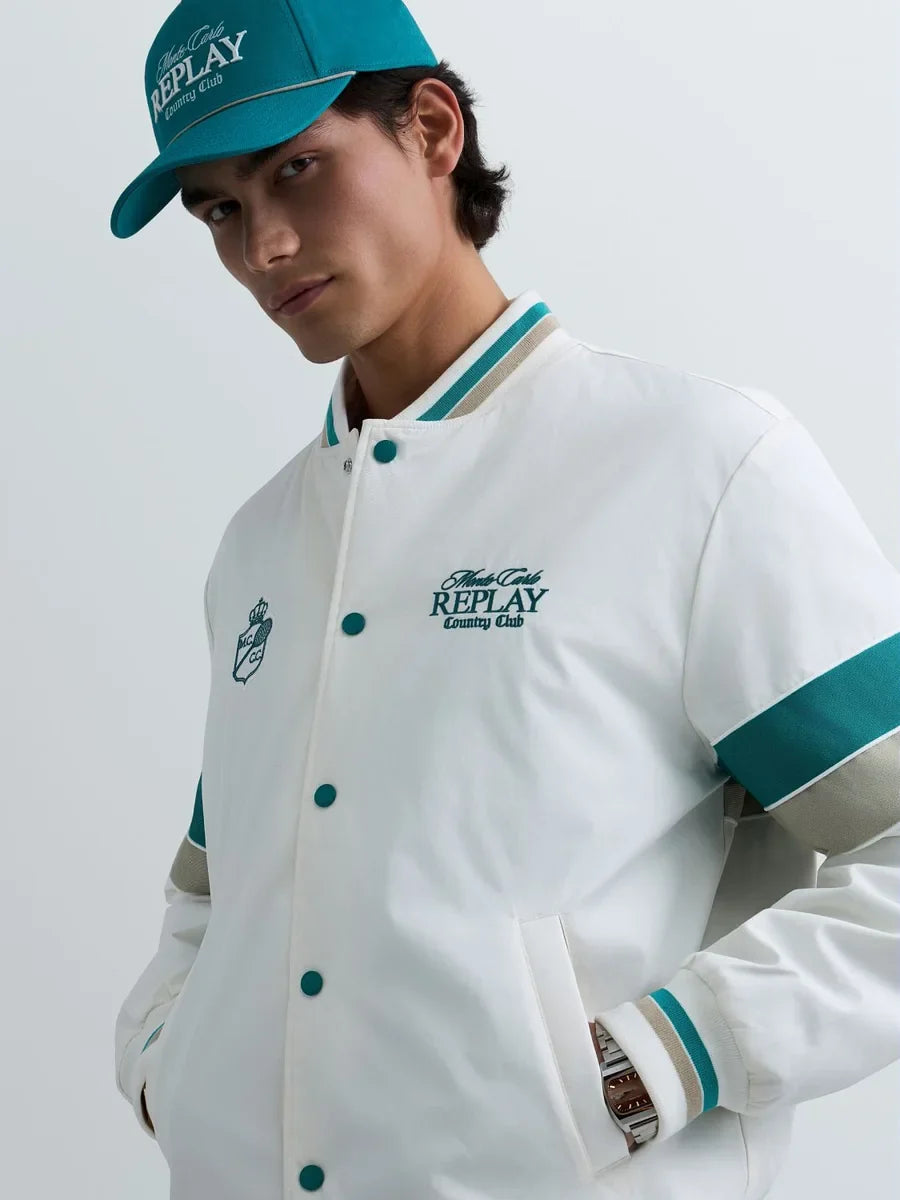 REPLAY MEN'S MONTE CARLO COUNTRY CLUB COLLECTION BOMBER JACKET WITH CONTRASTING BANDS