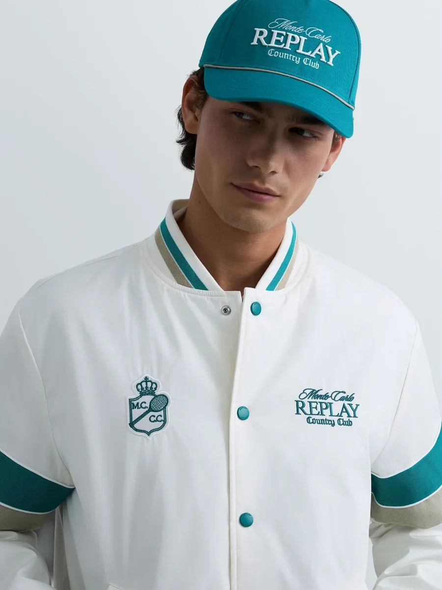 REPLAY MEN'S MONTE CARLO COUNTRY CLUB COLLECTION BOMBER JACKET WITH CONTRASTING BANDS