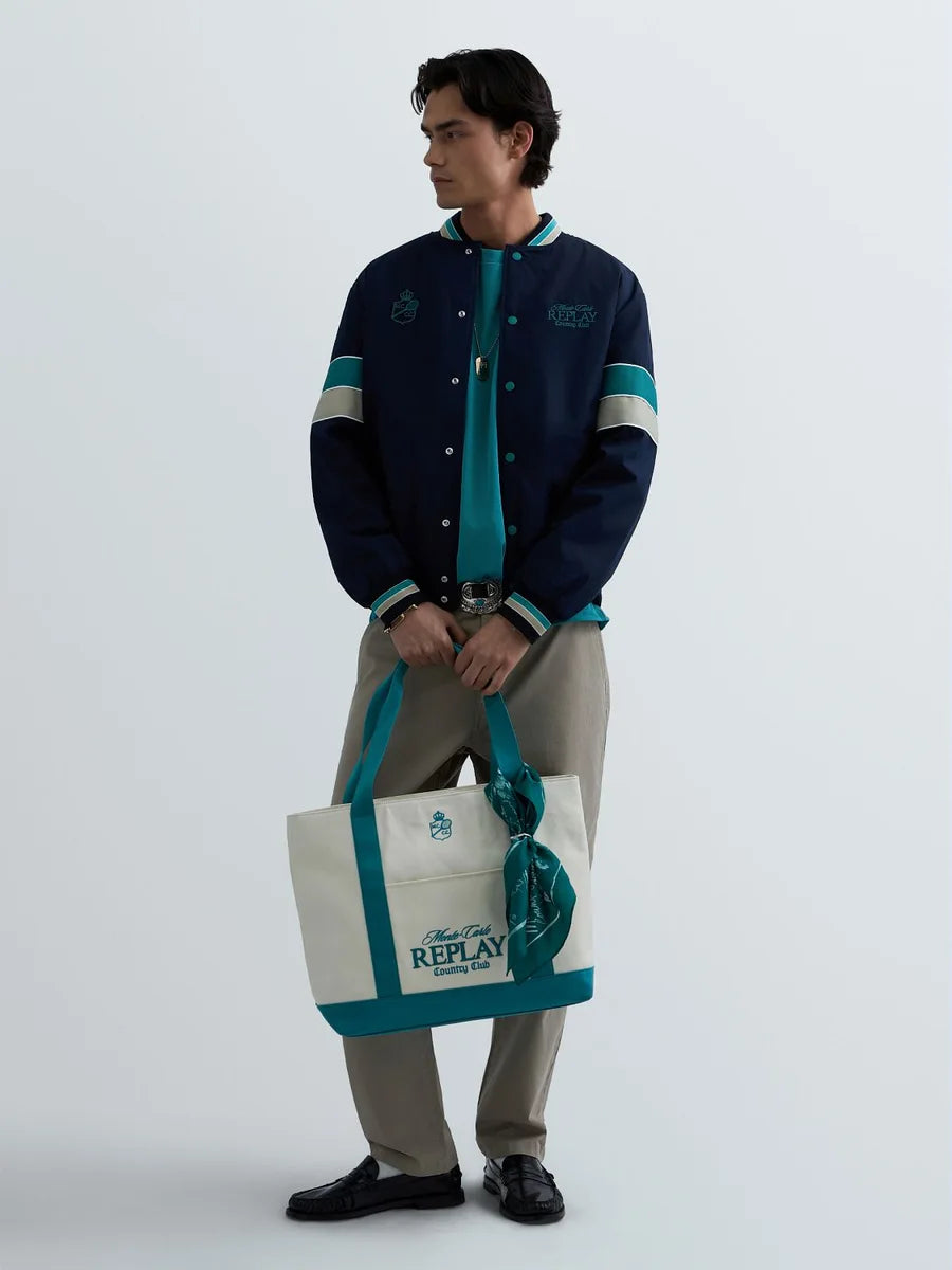 REPLAY MEN'S MONTE CARLO COUNTRY CLUB COLLECTION BOMBER JACKET WITH CONTRASTING BANDS