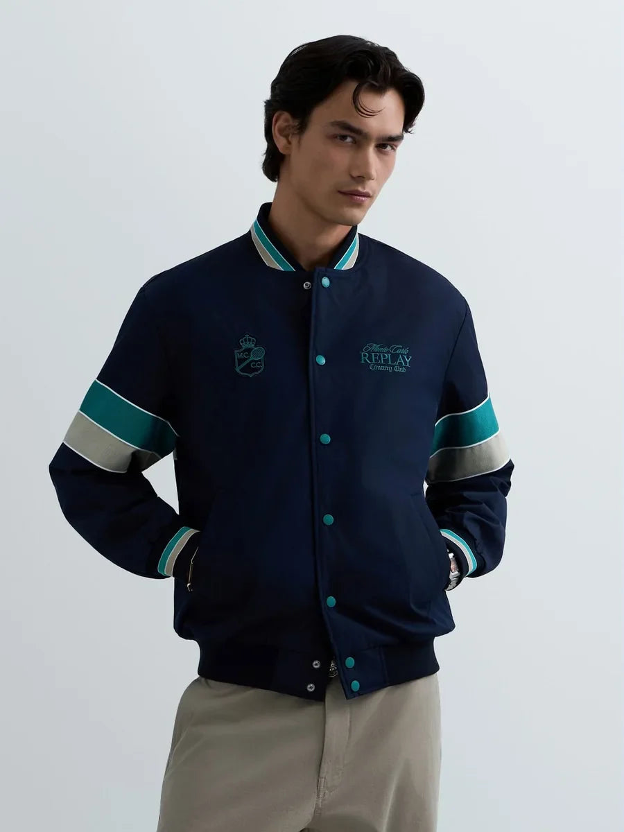 REPLAY MEN'S MONTE CARLO COUNTRY CLUB COLLECTION BOMBER JACKET WITH CONTRASTING BANDS