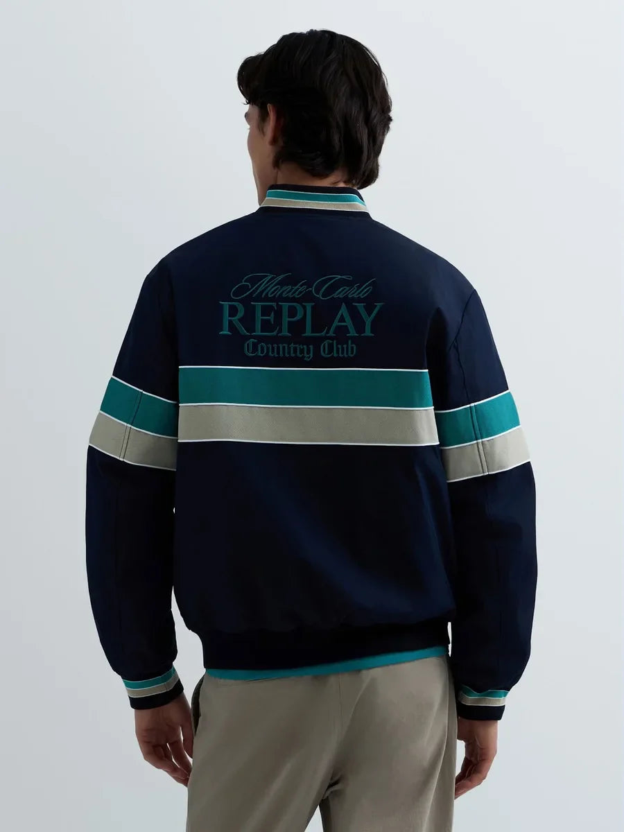 REPLAY MEN'S MONTE CARLO COUNTRY CLUB COLLECTION BOMBER JACKET WITH CONTRASTING BANDS