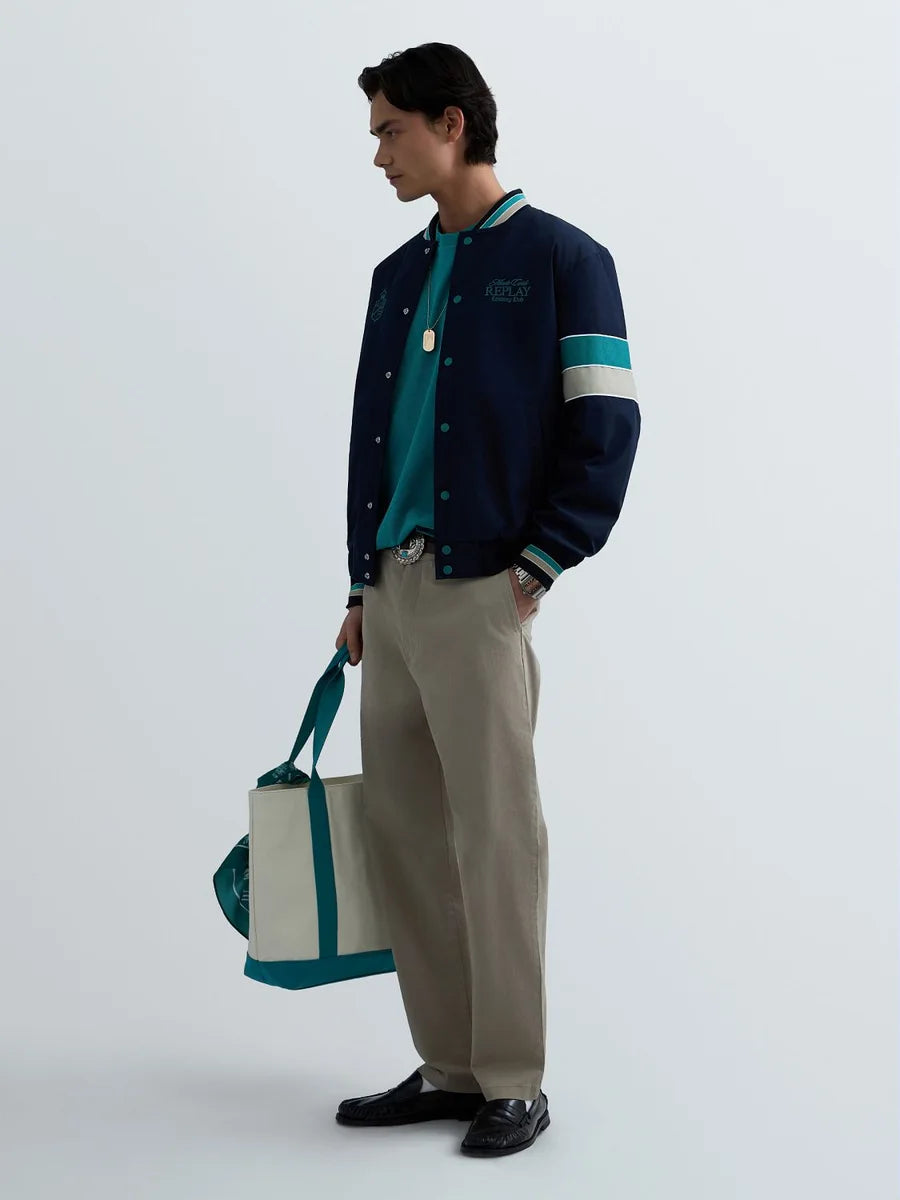 REPLAY MEN'S MONTE CARLO COUNTRY CLUB COLLECTION BOMBER JACKET WITH CONTRASTING BANDS
