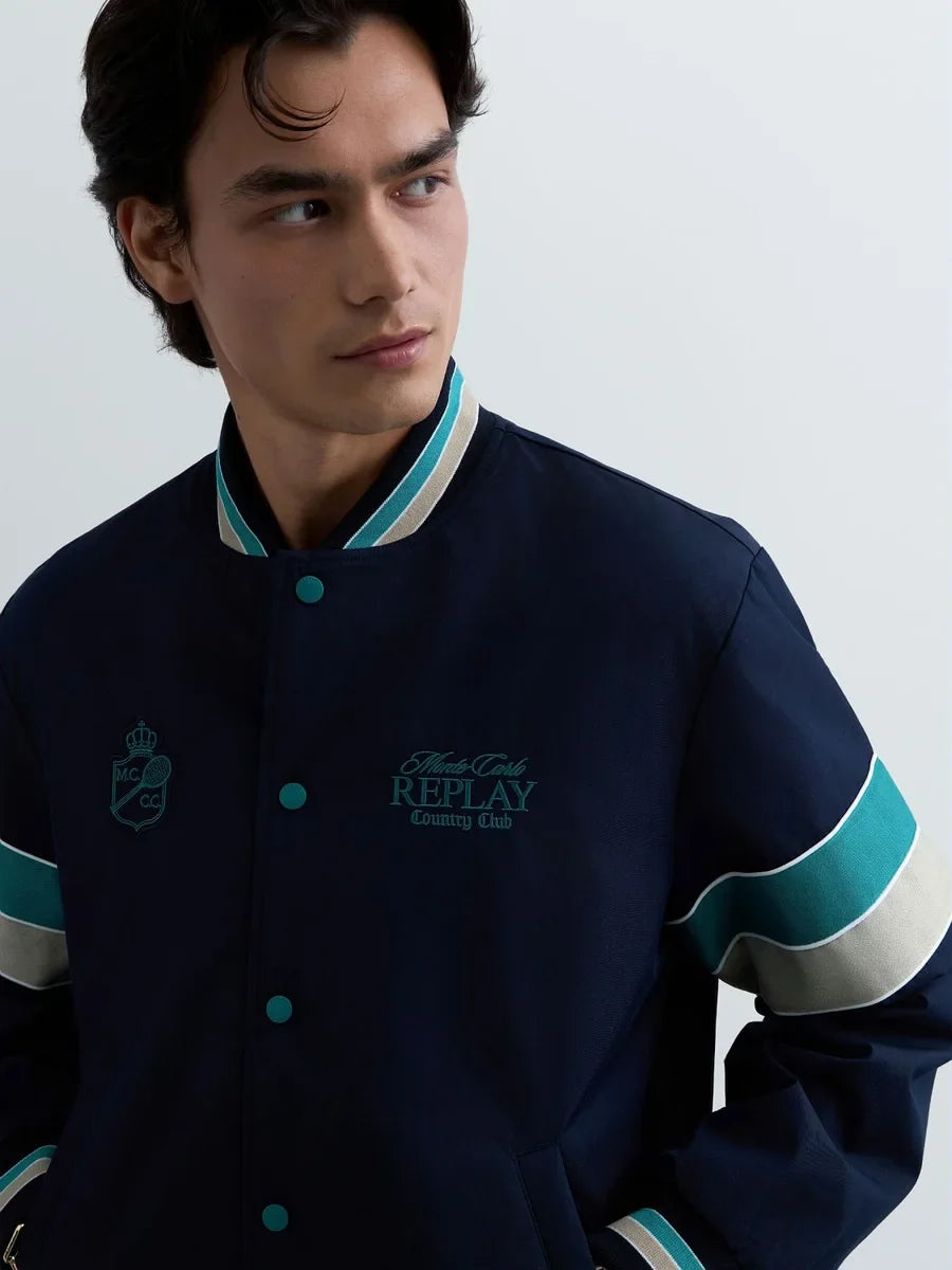 REPLAY MEN'S MONTE CARLO COUNTRY CLUB COLLECTION BOMBER JACKET WITH CONTRASTING BANDS