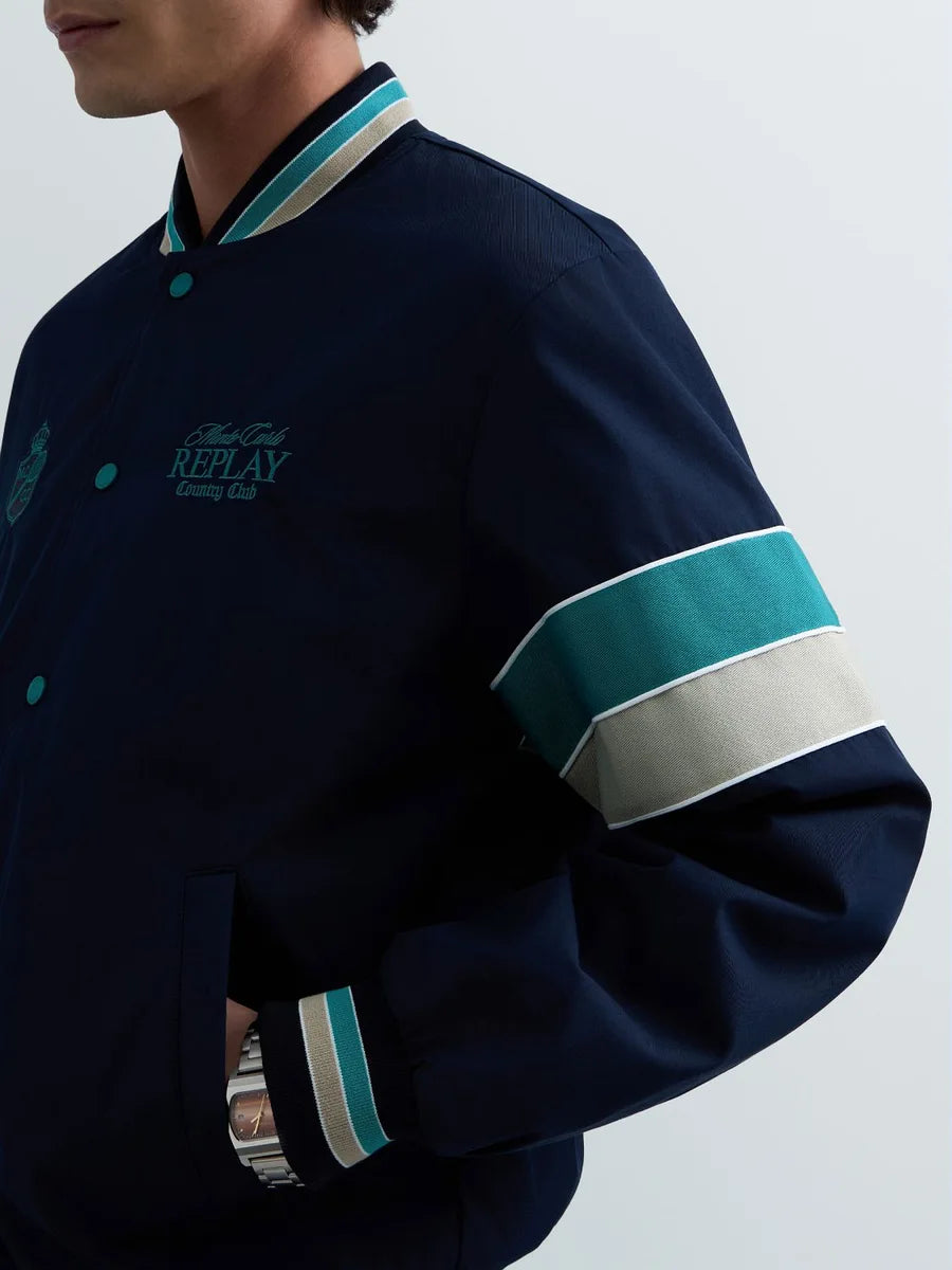 REPLAY MEN'S MONTE CARLO COUNTRY CLUB COLLECTION BOMBER JACKET WITH CONTRASTING BANDS